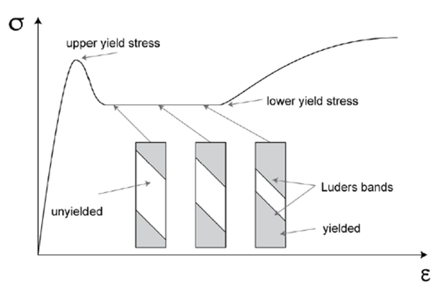 <p>Lüders bands are visible lines or markings that appear on the surface of a metal when it beings to yield.</p><p>These are caused by localised plastic deformation spreading across the material, before uniform plastic flow beings</p>