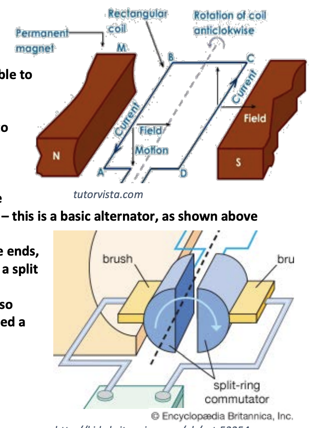 <ul><li><p>Same setup as a motor, with a coil of wire able to rotate between two permanent magnets</p></li><li><p>A turbine spins turning the coil of wire</p></li><li><p>The movement of the wire causes the wire to cut through the magnetic field</p></li><li><p>It experiences a change in magnetic field</p></li><li><p>This creates a potential difference</p></li><li><p>If the coil of wire is connected to a complete circuit, and AC will flow - this is a basic alternator</p></li></ul><p></p><ul><li><p>DC is produced if the ends (A and D in diagram) are connected to a split ring communicator</p></li><li><p>This reverses the current each half-rotation so current remains positive - this is called a dynamo</p></li></ul><p></p>