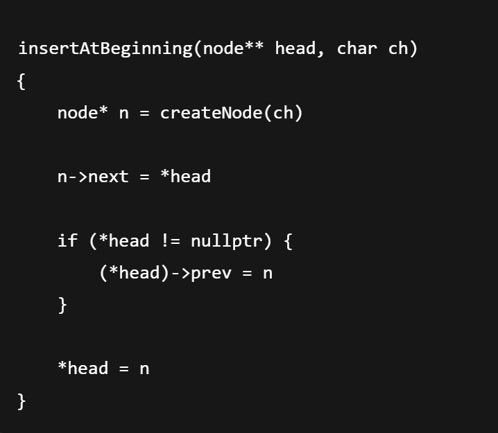 <p>Keep in mind the create node in here and also the other ones basically allocates the memory for the node and sets both the prev and the next to nullptr</p>