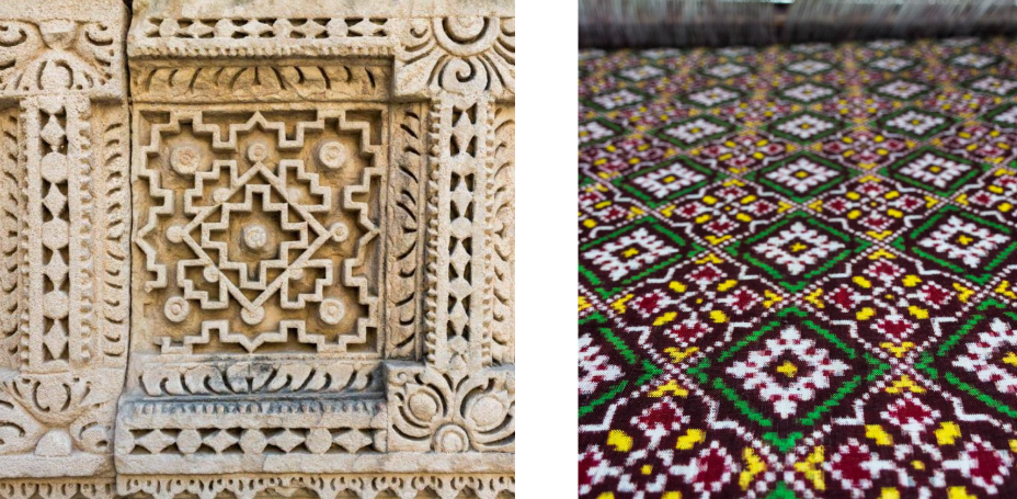 <p>geometric motifs inspired the Patolaand often depict religious themes and narratives. </p>