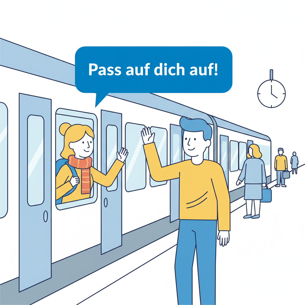 <p></p><ul><li><p><strong>aufpassen</strong> = to pay attention, to watch out, to look after. It is a <strong>separable verb</strong>.</p></li><li><p><strong>Pass auf</strong> = The informal command ("du") form of "aufpassen". The prefix <strong>auf-</strong> is separated.</p></li><li><p><strong>auf dich</strong> = on you / for you. The preposition <strong>auf</strong> triggers the <strong>accusative case</strong>, so "du" becomes "dich".</p></li></ul><p>Literally: "Watch out on yourself." -&gt; <strong>Take care of yourself.</strong></p>