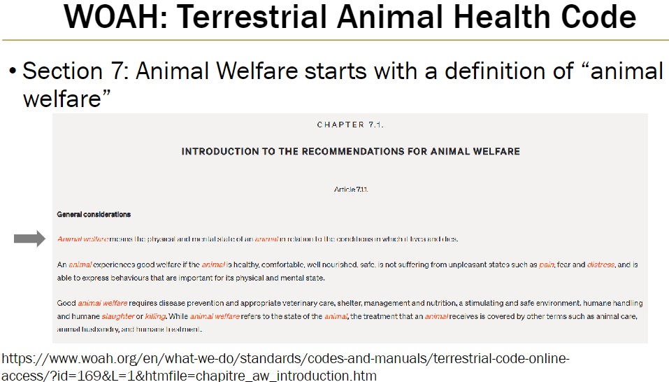 <p><strong>Section 7: Animal Welfare</strong><br> Starts with a definition of “animal welfare”</p>