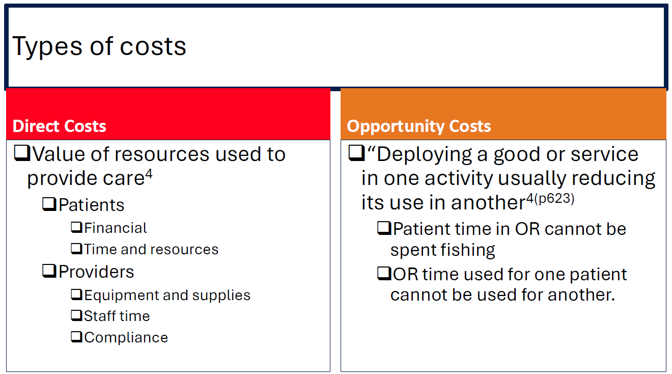 <ol><li><p><strong>Direct costs</strong> – The <strong>value of resources used</strong> for patient care, including financial costs, time, and equipment.</p></li><li><p><strong>Opportunity costs</strong> – The <strong>value of what is lost by choosing one option over another</strong> (e.g., time spent in surgery cannot be spent on other activities).</p></li></ol><p></p>