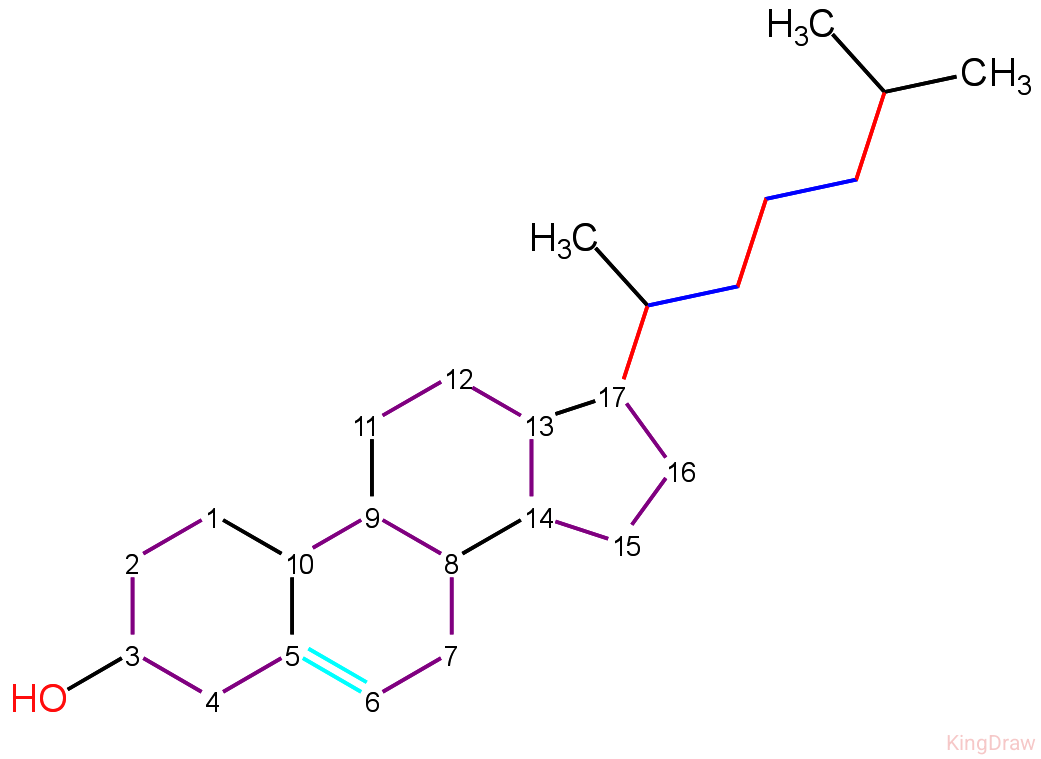 <p><span data-name="dna" data-type="emoji">🧬</span><span data-name="microscope" data-type="emoji">🔬</span> <em>wolny cholesterol</em>: C₂₇H₄₆O ; cząsteczka zawiera hydrofobowe <em>jądro steranu</em>, polarną grupę hydroksylową (-OH) przy węglu C3 , wiązanie podwójne między C5 i C6 oraz boczny łańcuch alifatyczny przy węglu C17.</p>