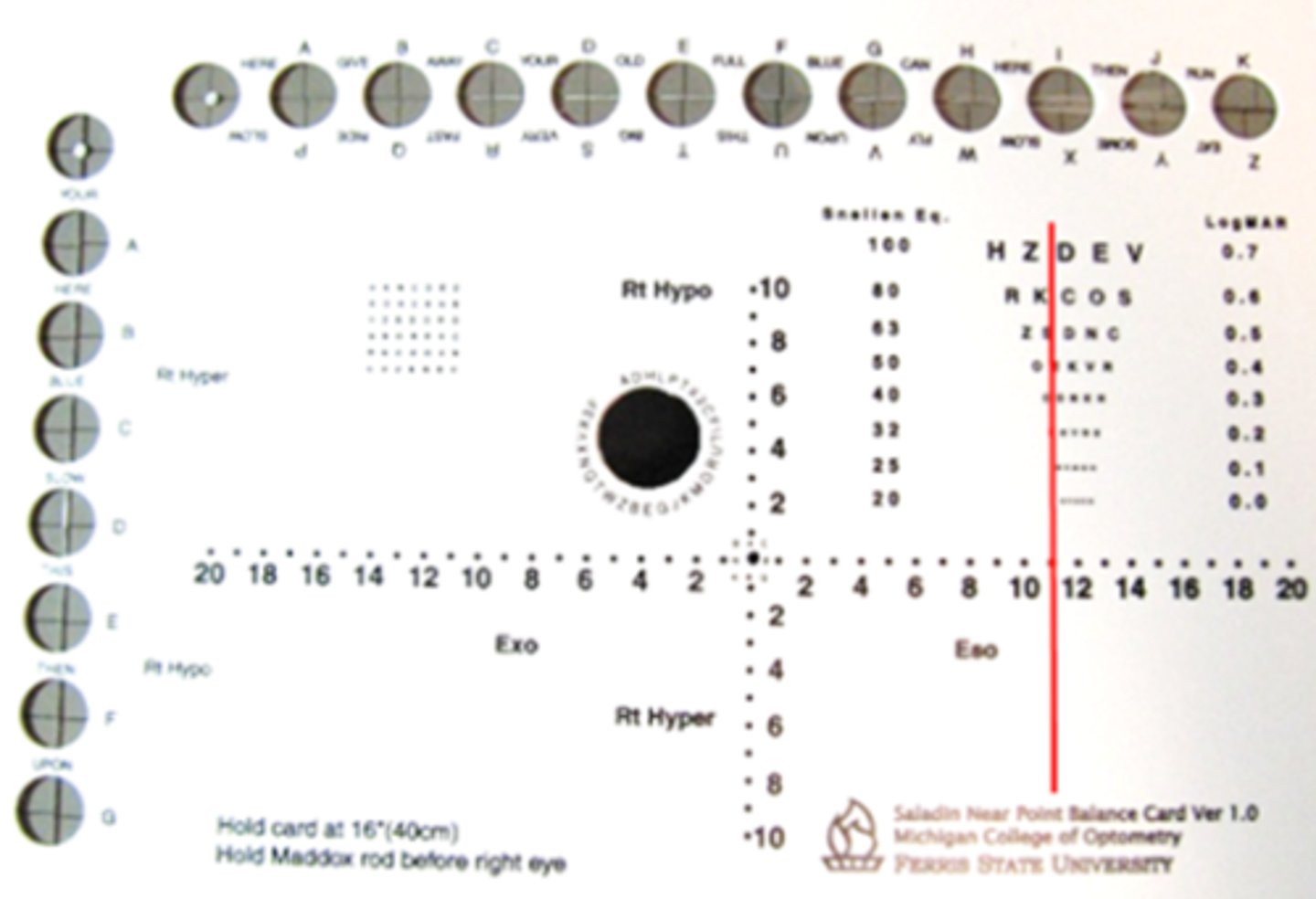 <p>When using the Saladin card with the Maddox rod over OS, the patient sees the following. What is their phoria?</p>