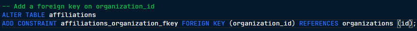 <pre><code class="language-sql">ADD CONSTRAINT table1_table2_fkey FOREIGN KEY (id) REFERENCES table (id)</code></pre><p></p>