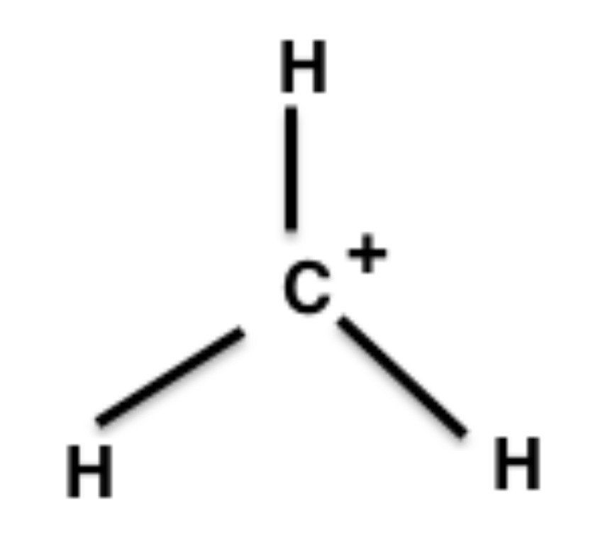 <p>Pyramidaidd</p><p>107° (109.5 - 2.5)</p><p>e.e CH₃⁺</p>