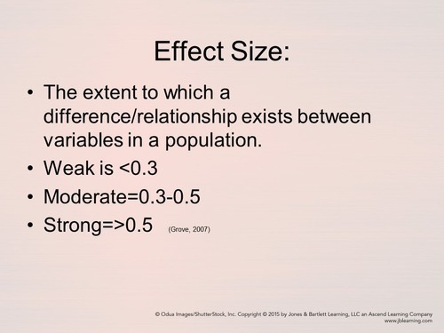 <p>A measure of the strength of the relationship between two variables or the extent of an experimental effect. Large effect sizes mean the difference is important; small effect sizes mean the difference is unimportant but doesn't prove causation.</p>
