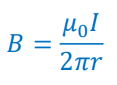 <p>B = Magnetic field inside the solenoid (T)</p><p>μ<sub>0​</sub>=4π×10<sup>−7</sup></p><p>r = distance of the point from the wire</p>