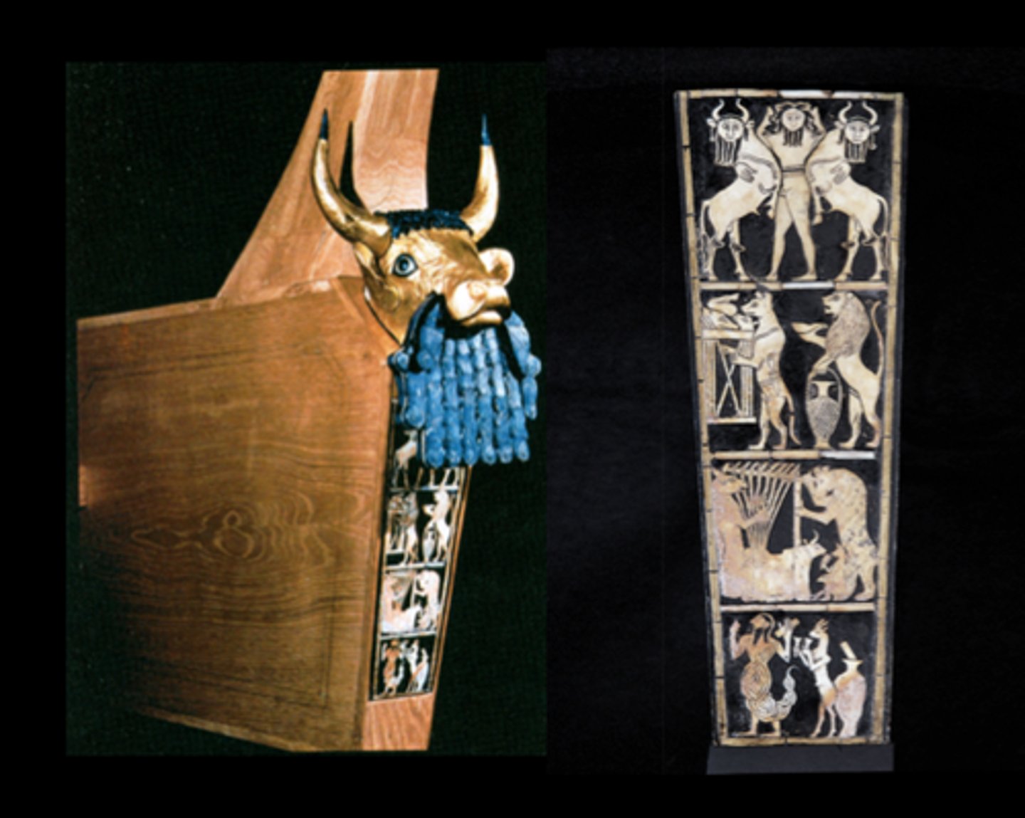 <p>A decorated lyre from the Royal Cemetery at Ur (ca. 2550-2400 BCE), featuring gold and lapis inlays with mythological scenes.</p>