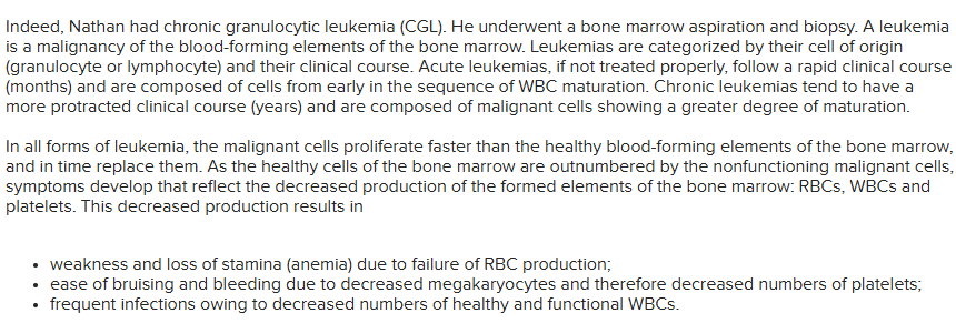 <ul><li><p><span style="font-size: inherit; font-family: inherit;">There are several varieties of leukemia and they are categorized by</span></p><p><span style="font-size: inherit; font-family: inherit;">multiple choice 1</span></p><ul><li><p><span style="font-size: inherit; font-family: inherit;">the size of the malignant cells.</span></p></li><li><p><span style="font-size: inherit; font-family: inherit;">the color and staining properties of the remaining healthy cells of the bone marrow.</span></p></li><li><p><span style="font-size: inherit; font-family: inherit;">the kind of symptoms the person presents with; bleeding, anemia or repeat infections.</span></p></li><li><p><span style="font-size: inherit; font-family: inherit;">the cell of origin (granulocyte or lymphocyte) and their clinical course (acute vs. chronic).</span></p></li></ul></li></ul><p><br></p>