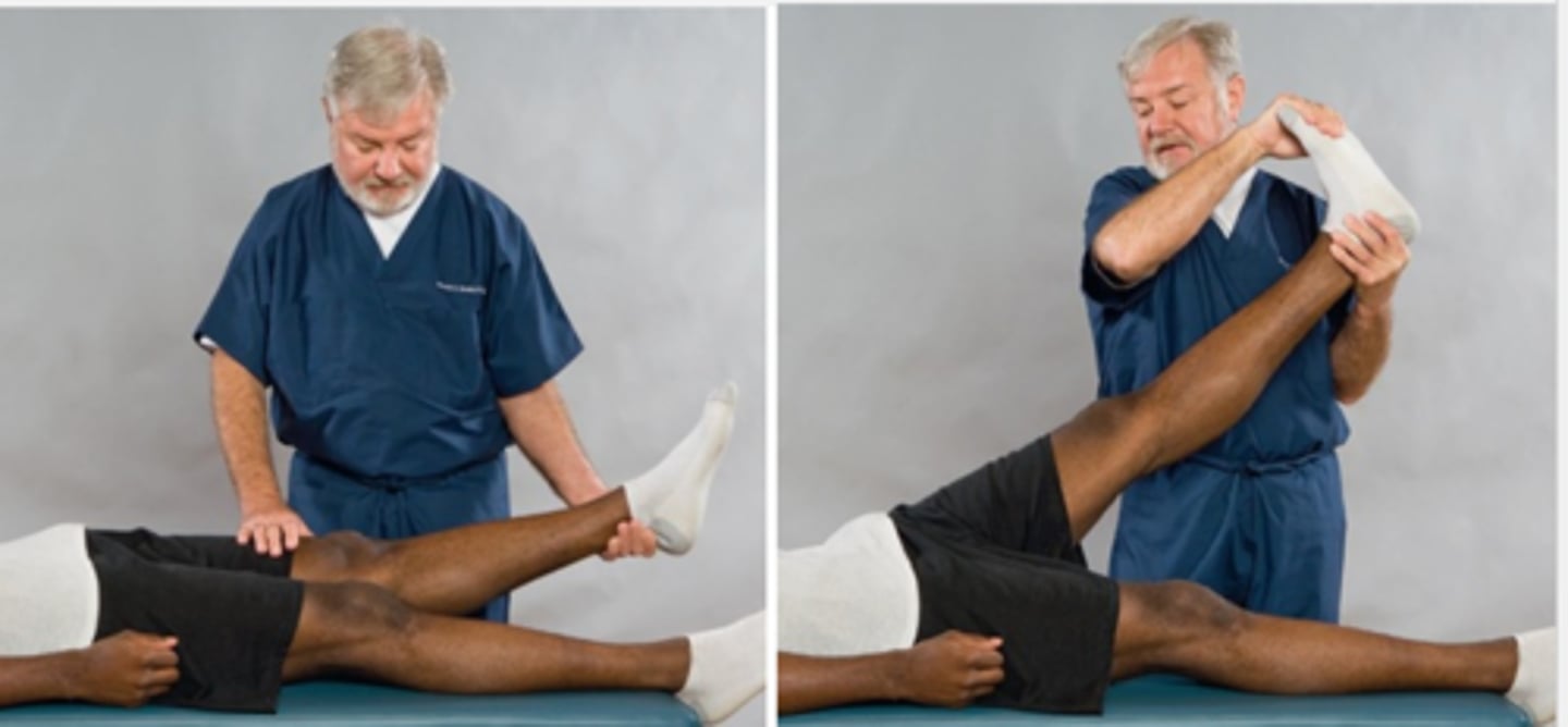 <p>Assessment for:</p><p>- Lumbar nerve root lesion caused by IVD or dural sleeve adhesion</p><p>- AKA: Prostrate Leg-Raising Test, sciatic phenomenon, and cross-over sign</p>