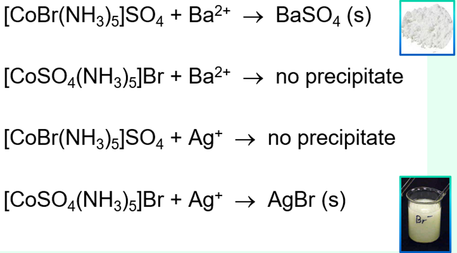 <ul><li><p>Structural isomerism </p></li><li><p>Compounds that contain the same atoms but will react differently depending on which ion is actually acting as a ligand and what is outside the square bracket as just a counter ion. - only things inside teh square bracket are covalently bonded</p></li><li><p>For example, [CoBr(NH<sub>3</sub>)<sub>5</sub>]SO<sub>4 </sub>or [CoSO<sub>4</sub>(NH<sub>3</sub>)<sub>5</sub>]Br</p></li><li><p>In one case, Br is the counter ion and this can produce a salt when reacted with silver, however is SO4 was outside the square bracket as a counter ion, it would not react with silver to form a salt.</p></li></ul><p></p>