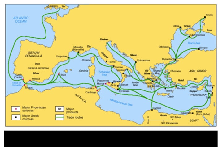 <p>Trade routes that connected the Mediterranean civilizations together. The need for a sea rout for trade in the region. Trade increased and diffusion of cultures occurred</p>