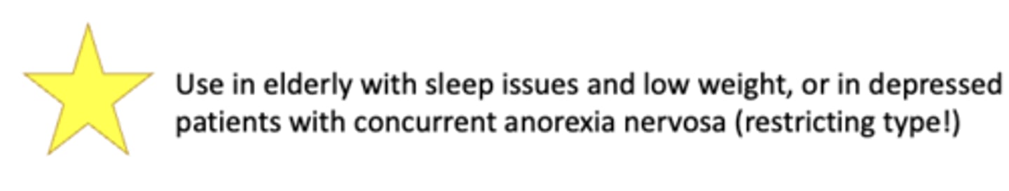 <p>Mechanism of Action:</p><p>- Antagonist to presynaptic α2 receptors and postsynaptic 5-HT2 and 5-HT3 receptors</p><p>- Leads to increase serotonin and NE release and 5-HT1 receptor activation</p><p>- Also H1 receptor antagonist, muscarinic receptor antagonist, α1 receptor antagonist, enhanced dopamine release</p><p>Treats:</p><p>MDD, GAD, tension headaches (off label use for insomnia)</p><p>Side Effects</p><p>- Usual serotonin side effects with less sexual side effects</p><p>- Sedation</p><p>- Increased Appetite</p>