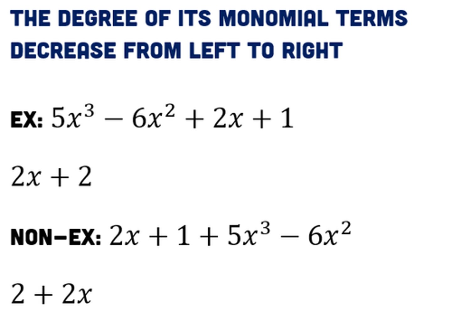 <p>when the terms of a polynomial are arranged in 1) alphabetical order and 2) exponential order (from largest to smallest)</p>