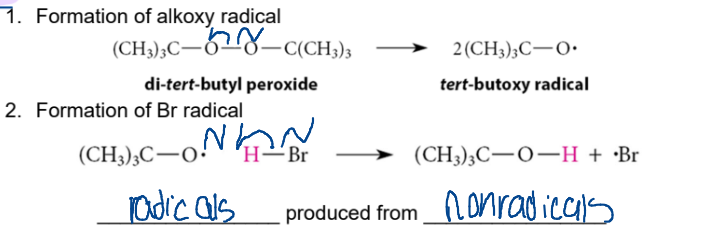 <p>1) Initiation</p><ul><li><p>formation of the alkoxy radical</p></li><li><p>formation of the halide radical\</p><ul><li><p>radical reacts with nonradical to SWAP states</p></li></ul></li><li><p>* radicatls are produced from nonradicals&nbsp;</p></li></ul><p></p>