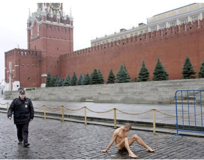<ul><li><p>nails testicles to ground outside kremlin</p></li><li><p>Action of choosing to use his own body to assert something is a way to create very direct reaction within audience - brings viewer back to own identity</p></li><li><p>Words are not enough, need to result to more shocking images</p></li></ul><p></p>