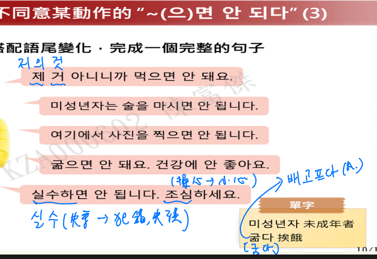 <p>=不同意做某事</p><p>(으)면 (表示假設)+ 안 되다 (不行)</p><p></p><p>V詞幹無尾音 or 尾音ㄹ = 면 안 되다</p><p>V詞幹有尾音= 으면 안 되다</p><p></p>