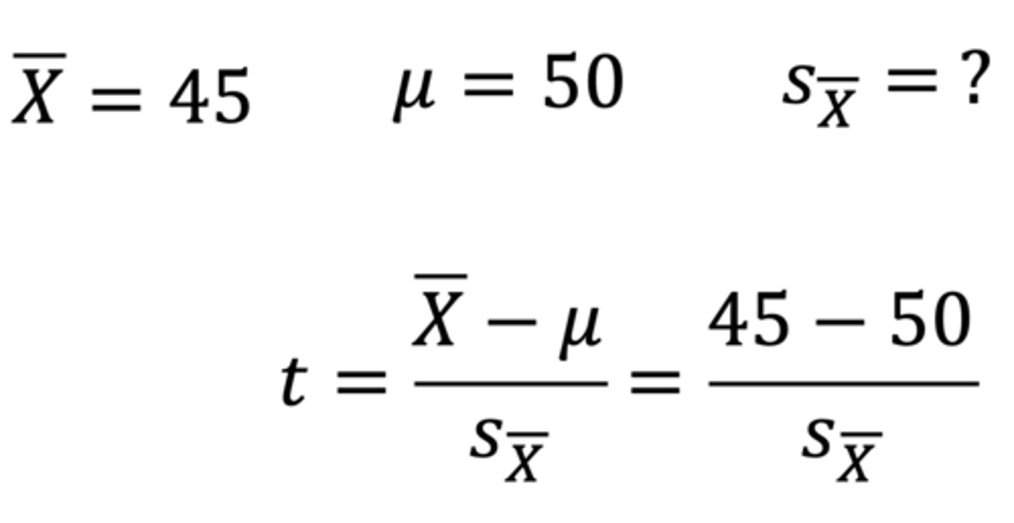 <p>t = sample mean - μ (population mean) / standard error of the mean</p><p>= 45 - 50 / standard error of the mean</p><p>Standard error of the mean = s / √n</p><p>= 25 / √64</p><p>= 3.125</p><p>t = 45 - 50 / 3.125</p><p>= -1.60</p>