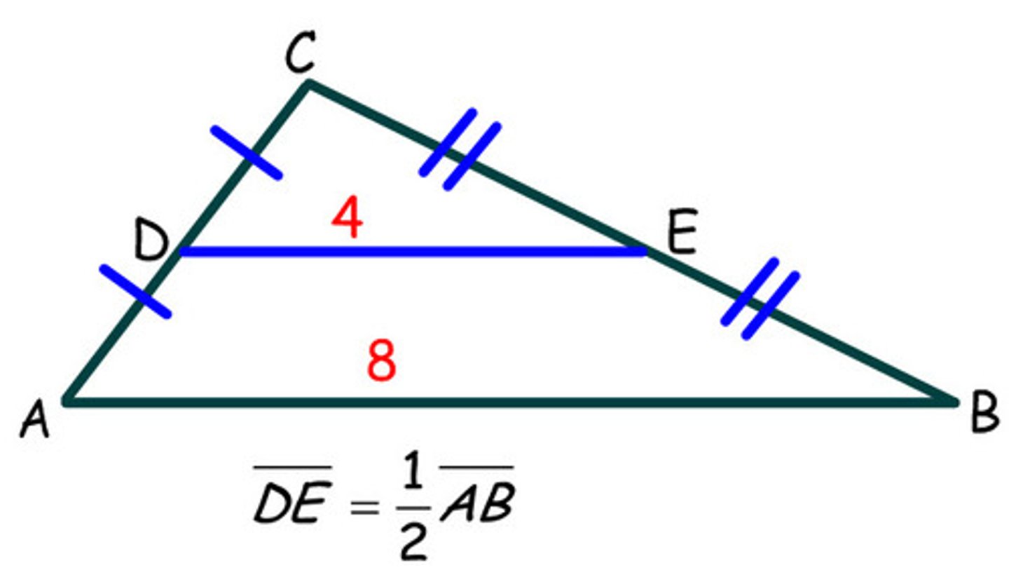 <p>a mid segment connects the midpoint of 2 sides of a triangle and is equal to ½ the side not containing the 2 midpoints.</p>