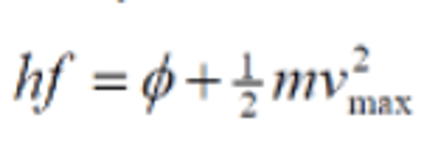 <p>E= hf = φ + KE_max (0.5mv^2 max)</p><p>- E = hf, is energy of a photon which is transferred to an electron to release it from a material.</p><p>- f= frequency of incident photons</p><p>- φ = work function J</p>