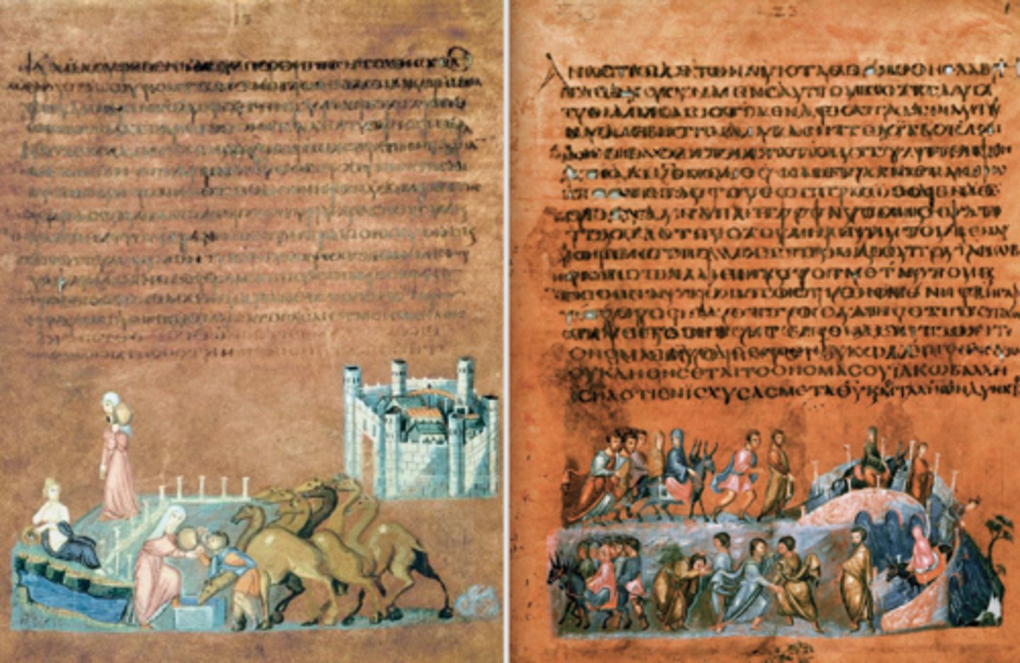 <p>Rebecca and Eliezer at the Well and Jacob Wrestling the Angel, from the Vienna Genesis</p>