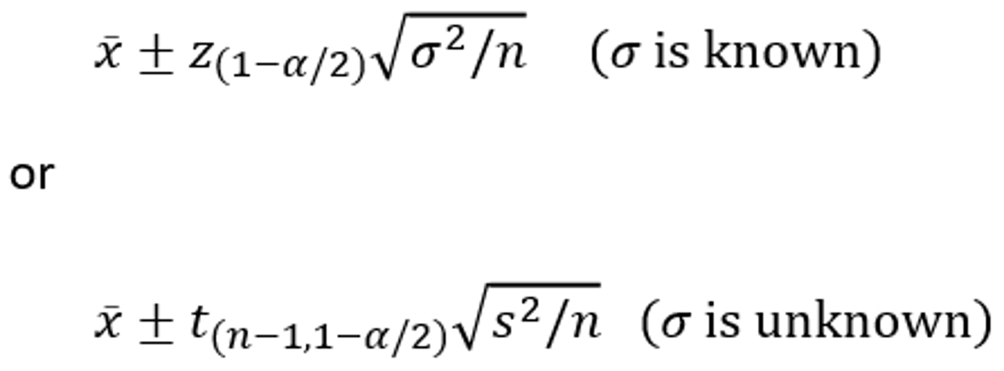 <p>- In general a (1-α) percent confidence interval for the mean of a population is calculated by these 2 formulas</p>