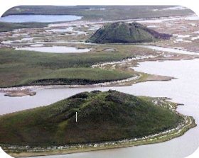 * Periglacial landform
* Look like little volcanoes
* Formed as a giant version of ice mound
* Large-scale