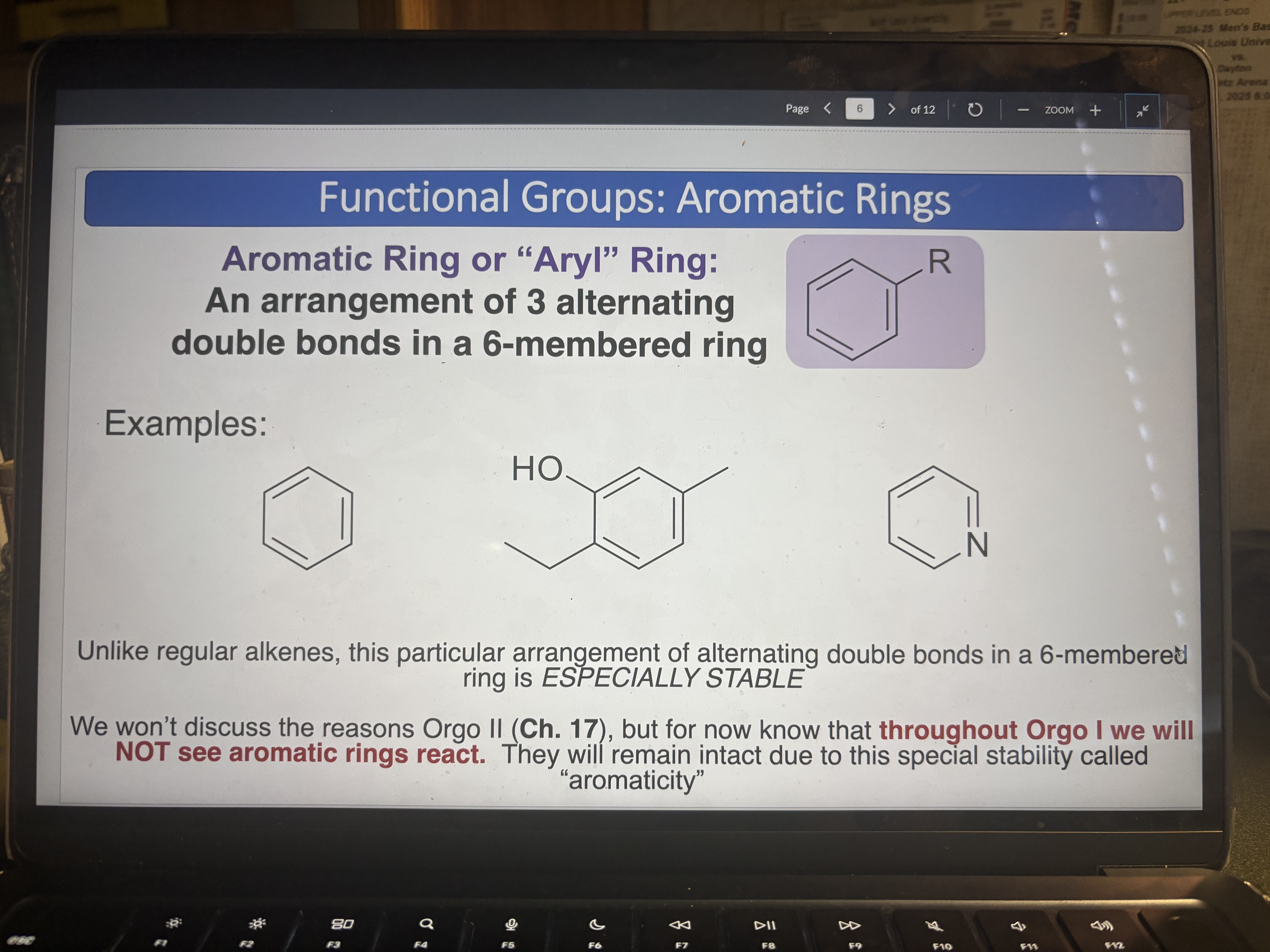 <p>An arrangement of 3 alternating double bonds in a 6-members ring (ESPECIALLY STABLE)</p><p>Benzene pKa = 43</p>