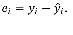 <p>The ______________ of an instance <em>i</em> is the difference between the observed value, <em>y_i</em>, and the predicted value <em>y-hat_i</em></p><p>Also called ________ and denoted <em>e_i = y_i - y-hat_i</em></p>