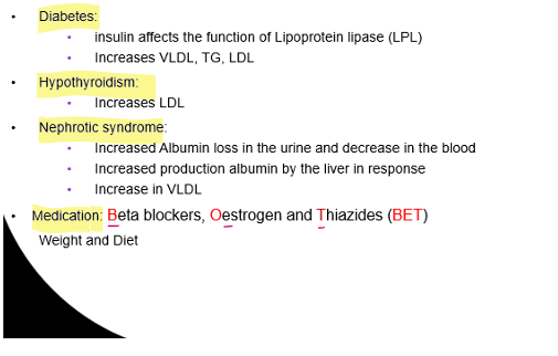 <ul><li><p>diabetes</p></li><li><p>hypothyroidism</p></li><li><p>nephrotic syndrome</p></li><li><p>medication</p></li></ul><p></p>