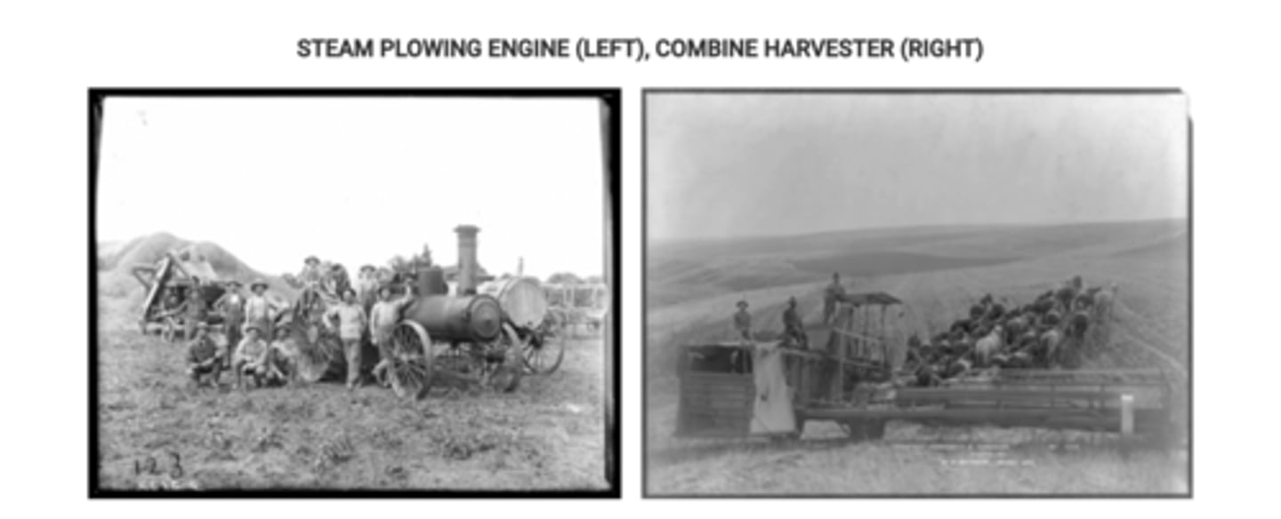 <p>Technological innovations, such as the devices shown in the images, and increased agricultural productivity led to better diets, longer life expectancies, and more people available for work in factories.</p>