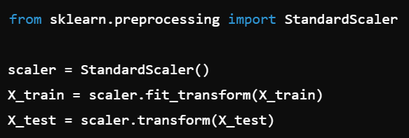 <p><code>fit_transform</code> learns the scaling parameters (mean, std) from the training data, while <code>transform</code> applies the same parameters to the test data without re-fitting.</p>