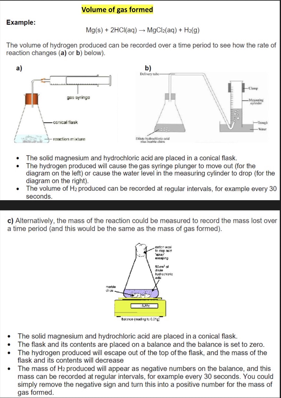 <ul><li><p>using this method you would measure either the ‘amount’ of a product formed or the reactant lost continuously throughout the reaction </p></li><li><p>we could therefore measure:</p><ul><li><p>concentration of a species reacted/formed </p></li><li><p>volume of gas formed </p></li><li><p>mass lost during a reaction (+ therefore mass of gas formed)</p></li></ul></li><li><p>although the units of rate are normally moldm⁻³s⁻¹, we can still use volume gas formed or mass of gas formed as these are proportional to concentration (in these cases our units for rate will therefore be different)</p></li><li><p>by plotting concentration/volume/mass against time, you can then deduce the rate + also the order of reaction </p></li></ul>