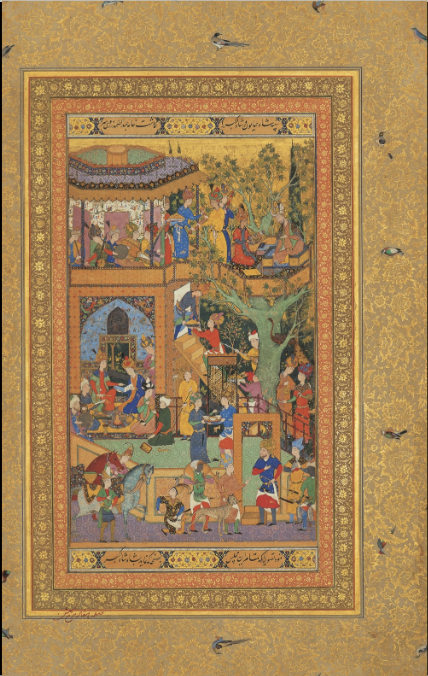 <p>Describe the composition of the <span style="background-color: transparent;"><span>Youthful Akbar Presenting a Picture to his Father Humayun and its significance </span></span></p>