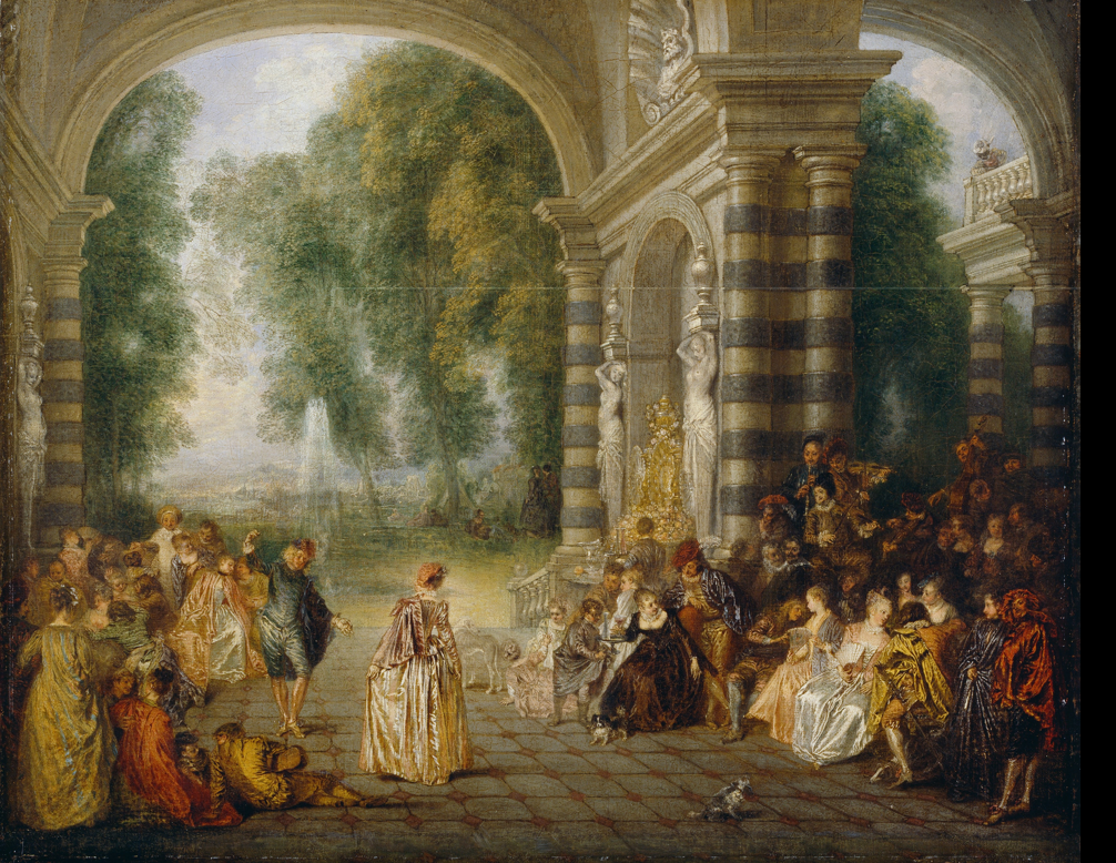 <ul><li><p>father of Rococo painting</p></li><li><p>light, loose feathery brushwork</p></li><li><p>asymmetry, no specific focal point—viewer floats through painting</p></li><li><p>upper class leisure activities - expensive dress, dancing, chatting, dog, music (assumed)</p></li><li><p>two young black men - striped clothes (servants)—Watteau’s main patrons were plantation owners (slave trade)</p></li><li><p>Watteau applied to the Academy as a history painter but accepted as Fêtes galantes (less prestigious, couldn;t teach)</p></li></ul><p></p>
