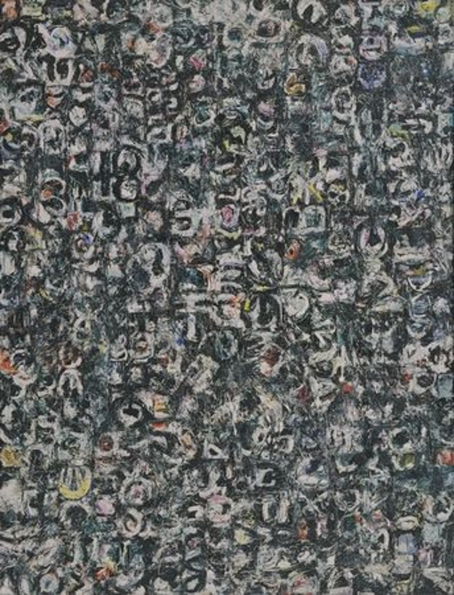 <p>Part of her "Little Images" series, this work features grid-like structures and dense, scraped textures, mimicking hieroglyphics or illegible writing.</p>