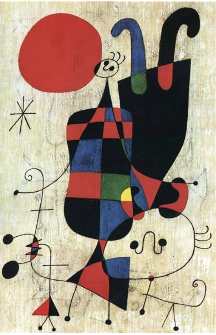 <ul><li><p><span><strong>Key Features</strong>:<br><br></span></p><ul><li><p><span>Features simplified, playful forms of figures and a dog against a bright sun.<br><br></span></p></li><li><p><span>Miró’s signature style includes bold, vibrant colors and the use of surrealistic, dreamlike imagery.<br><br></span></p></li><li><p><span>The piece suggests a connection to the subconscious and the human relationship with the universe.<br><br></span></p></li></ul></li></ul><p><span><strong>Memorable Fact</strong>: This work demonstrates Miró’s evolving style, moving deeper into abstract forms with personal symbolism.<br></span></p>