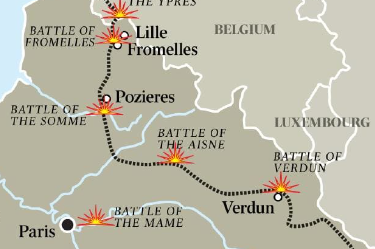 <p>Battle between British and French against Germans; one of the largest battles of WWI; In France; July 1 to November 18, 1916; Allied forces tried to relieve pressure on French forces and break through German lines</p>