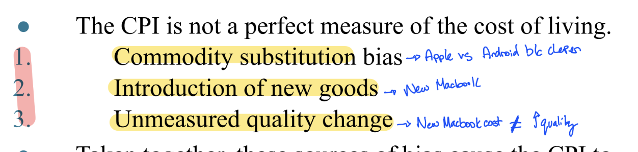 <ol><li><p><span>Commodity substitution bias</span></p></li><li><p><span>Introduction of new goods</span></p></li><li><p><span>Unmeasured quality change</span></p></li></ol>