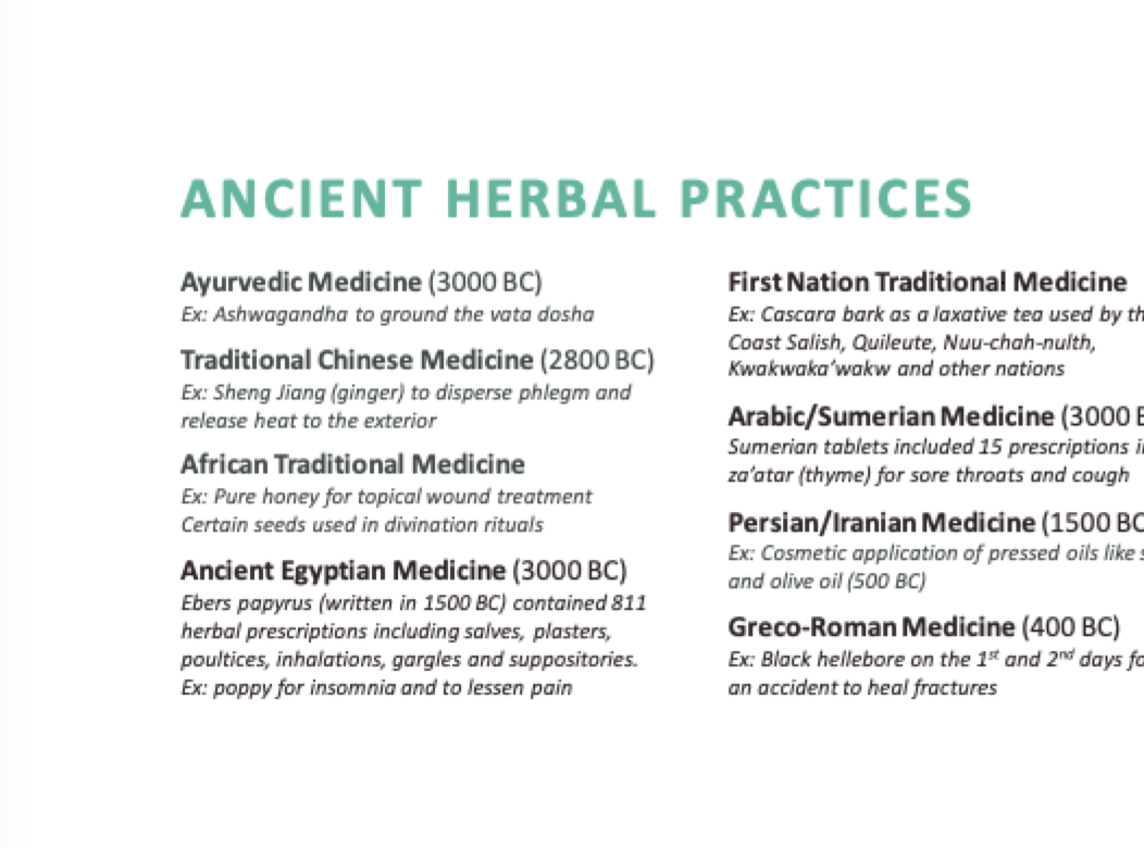 <p>Some ancient herbal practices include Ayurvedic medicine from India (circa 1500 BCE), Traditional Chinese Medicine (TCM, dating back to 221 BCE), and the use of herbal remedies in Ancient Greece, documented by Hippocrates in the 5th century BCE. </p>