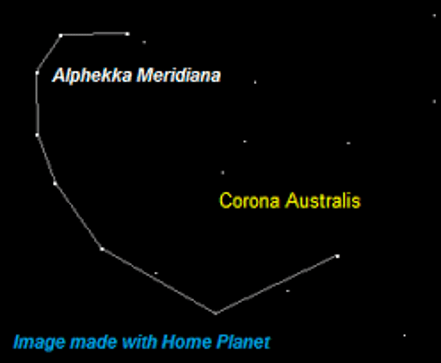 <p>southern crown / brightest star: beta Coronae Australis (β CrA)</p>
