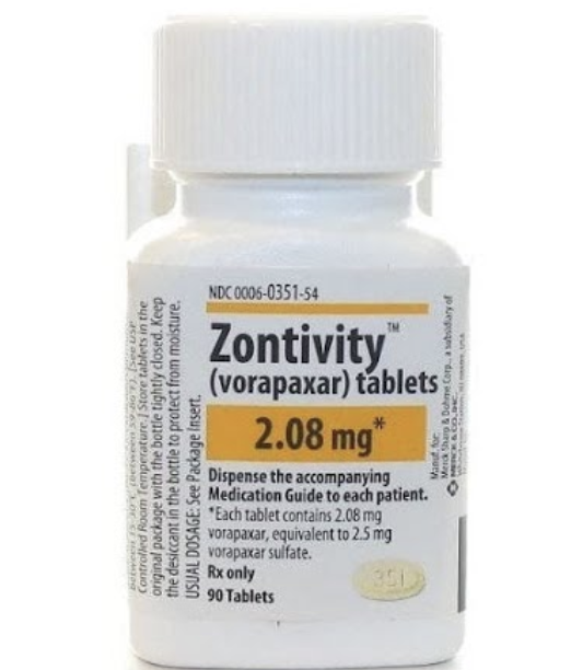 <p>MOA: PAR-1 Antagonist that blocks platelet activation by inhibiting thrombin’s PAR-1 receptor. </p><p><mark data-color="#f8c430" style="background-color: rgb(248, 196, 48); color: inherit;">Brand Name: Zontivity<span data-name="registered" data-type="emoji">®</span></mark></p><ul><li><p>Does NOT inhibit thrombin’s ability to convert fibrinogen → fibrin (JUST INHIBITING PLATELET AGGERATION)</p></li><li><p>Works by preventing the “tethered ligand” from activating PAR-1</p></li><li><p>Derived from structural studies of natural product <em>himbacine </em></p></li></ul><p></p>