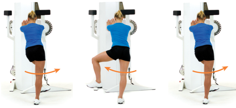 stand with back hip and knee straight (target leg)

the opposite hip and knee are flexed and swing back and forth across the body

this motion causes rotation at the back knee and eversion and inversion of the foot and ankle

repeat for the desired number of repetitions