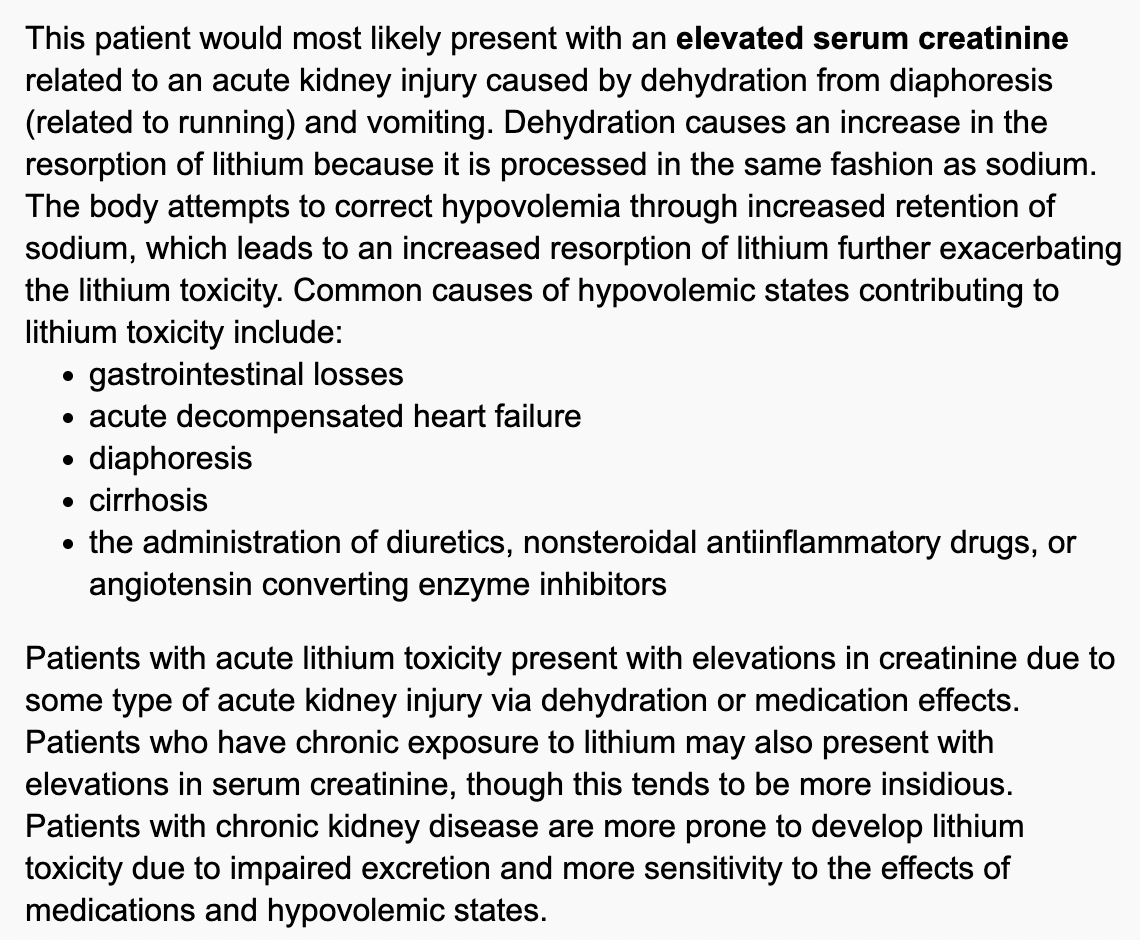 <p>can be caused by an acute overdose on lithium or more chronically from decreased renal perfusion (leading to decreased lithium clearance) via dehydration, thiazide diuretics, NSAIDs, ace inhibitors. Symptoms: GI: N, V, diarrhea, lethargy, confusion, agitation, ataxia, tremors, seizures. Tx: IV hydration, hemodialysis in severe causes</p>