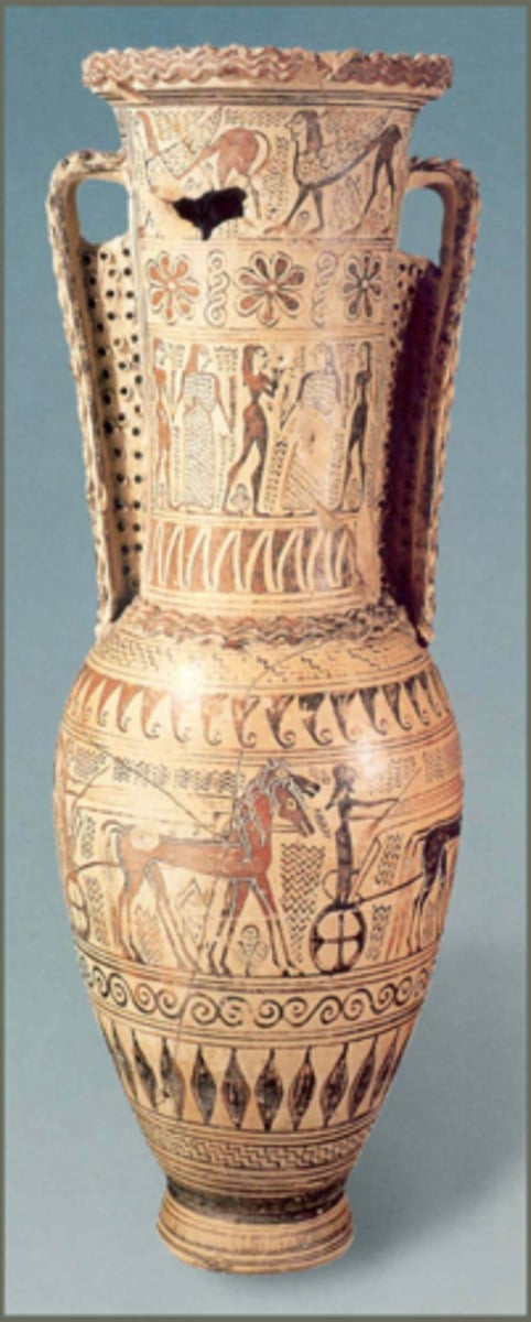 <p>Who The Protoattic Loutrophoros, also known as the "Chigi Vase," was created by the Analatos Painter1, an artist from the ancient Greek city-state of Corinth1.</p><p>What The Chigi Vase is a Protoattic loutrophoros-amphora2. A loutrophoros is a distinctive type of Greek pottery vessel characterized by an elongated neck with two handles2. It is decorated in four friezes of mythological and genre scenes and four bands of ornamentation1. Among these tableaux is the earliest representation of the hoplite phalanx formation1.</p><p>Where The Chigi Vase was found in Athens and is now housed in the Louvre Museum, Paris, France3.</p><p>When The Chigi Vase dates back to around 680 BC3.</p><p>Why The Chigi Vase is interesting and important for several reasons:</p><p>Artistic Significance: The vase is a technical masterpiece of Archaic painting1. It contains the earliest known representation of the hoplite phalanx formation1, providing valuable insights into military tactics during the mid- to late-7th century.</p><p>Cultural Significance: The vase depicts various scenes from everyday life and mythology, including hunts, horsemanship, and a hoplite battle1. These scenes reflect the penetration of the everyday, the exotic, the heroic, and the divine into Greek art1.</p><p>Historical Significance: The vase provides a glimpse into the stages of maturation of Corinthian male society during its time1. It also provides evidence of the influence of neo-Assyrian art forms on Corinthian art1.</p><p>Overall, the Chigi Vase provides a wealth of information about ancient Greek art, society, and history. It serves as a testament to the cultural and historical richness of ancient Greece.</p>