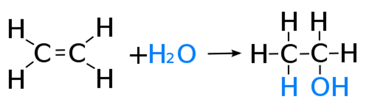 <p>Ethene reacts with steam at a temperature of 300°C, a pressure of 65 atm (6500kPa) and in</p><p>the presence of a catalyst of either concentrated phosphoric acid or concentrated</p><p>sulphuric acid.</p>