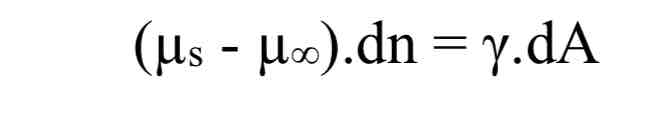 <p>Where:</p><ul><li><p><em>µ</em>∞ is the chemical potential of an infinitely flat surface</p></li><li><p><em>µS is the chemical potential of the sphere</em></p></li><li><p><em>dn is the number of atoms transferred to the sphere</em></p></li><li><p><strong>γ Is the surface energy Of the sphere</strong></p></li><li><p><strong>dA is the change in the surface area of the sphere due to inclusion of dn atoms</strong></p></li></ul>