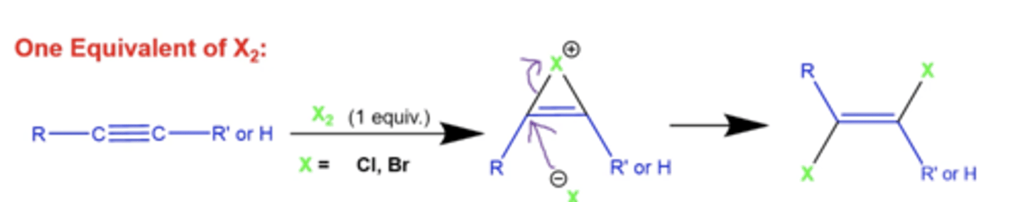 <p>like alkenes, this will form a 3-membered ring, but with a double bond in the middle, eventually opened up by another X- molecule</p><p>-this produces an E alkene</p>